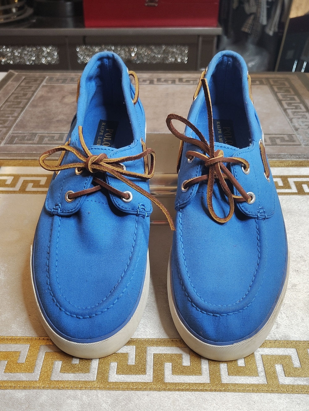 Polo by Ralph Lauren Blue Canvas Boat Shoes with Brown Laces Size 9.5 D